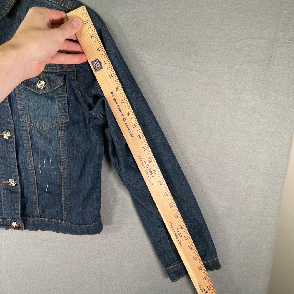 AQ Womens Denim Jacket Small Blue Rhinestone Button Jean Coat Cropped S - Picture 8 of 12